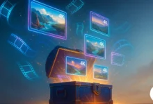صندوق كنز رقمي مفتوح يطلق شرائط فيلم هولوجرافية وإطارات فيديو بجودة 4K في سماء مشرقة، يُرمز به إلى مصادر مجانية لفيديوهات بدون حقوق، مع مساحة فارغة في الزاوية العليا اليمنى لوضع شعار.