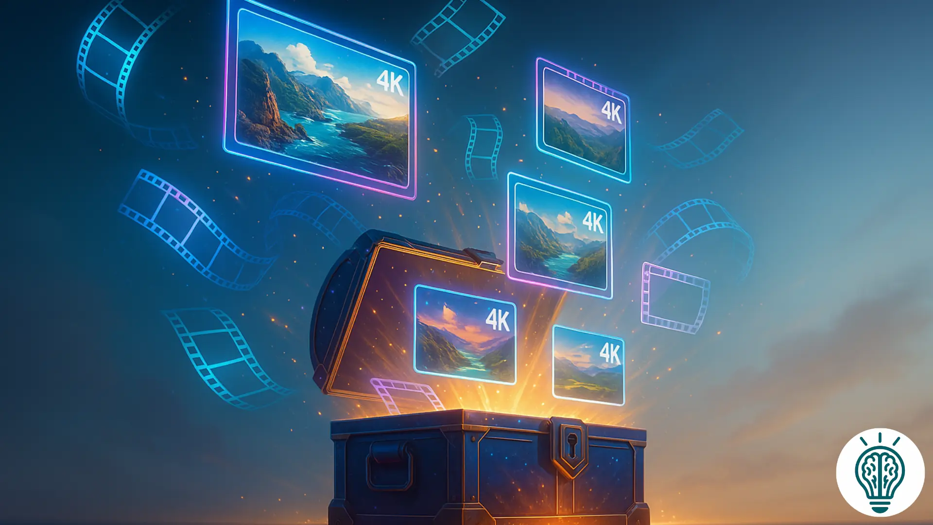 صندوق كنز رقمي مفتوح يطلق شرائط فيلم هولوجرافية وإطارات فيديو بجودة 4K في سماء مشرقة، يُرمز به إلى مصادر مجانية لفيديوهات بدون حقوق، مع مساحة فارغة في الزاوية العليا اليمنى لوضع شعار.