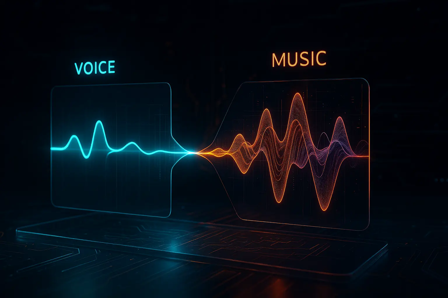 ازالة الموسيقى من الاغاني عمل فني رقمي مستقبلي عالي الدقة يُظهر شاشة هولوغرافية شفافة ثلاثية الأبعاد لموجة صوت معقدة تنقسم إلى مسارين مميزين: مسار بسيط نقي متوهج باللون الأزرق السيان يمثل الصوت البشري، ومسار مركب غني بالألوان الدافئة مثل البرتقالي والأرجواني يمثل الموسيقى، على خلفية داكنة وتقنية تتضمن دوائر إلكترونية وخطوط بيانات متوهجة، بإضاءة سينمائية تبرز لحظة الانفصال."