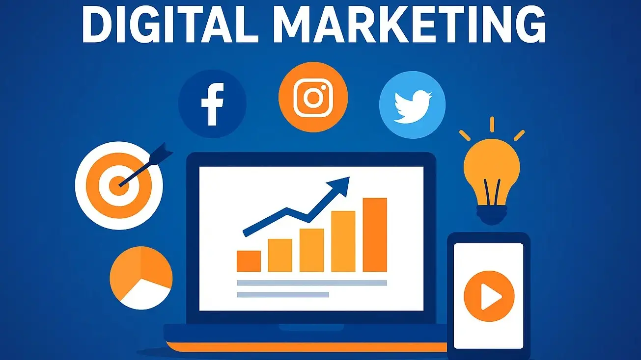 رسم توضيحي التسويق الالكتروني يعرض لابتوب وهاتف ذكي مع أيقونات شبكات التواصل الاجتماعي ورسوم بيانية تمثل نمو الأعمال عبر الإنترنت.