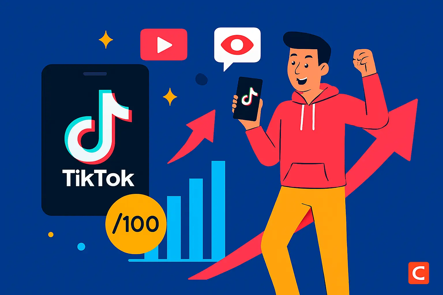 زيادة مشاهدات تيك توك رسم توضيحي شاب يجلس على سهم أحمر صاعد في الجانب الأيمن وهاتف يعرض شعار تيك توك في الجانب الأيسر، مع رسم بياني شريطي يرتفع وخلفية أزرق غامق”“رسم توضيحي شاب يجلس على سهم أحمر صاعد في الجانب الأيمن وهاتف يعرض شعار تيك توك في الجانب الأيسر، مع رسم بياني شريطي يرتفع وخلفية أزرق غامق