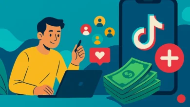 صورة توضيحية لشخص يحمل هاتفًا محمولًا يعرض رموز تيك توك وأيقونات المتابعين والإعجابات المتصاعدة حوله بألوان متباينة وخطوط ديناميكية، تعبّر عن مفهوم شراء متابعين تيك توك