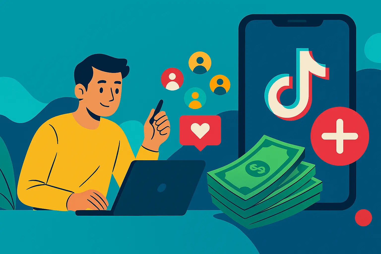 صورة توضيحية لشخص يحمل هاتفًا محمولًا يعرض رموز تيك توك وأيقونات المتابعين والإعجابات المتصاعدة حوله بألوان متباينة وخطوط ديناميكية، تعبّر عن مفهوم شراء متابعين تيك توك