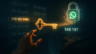 صورة توضيحية تظهر يد شخص يختار رقمًا أمريكيًا متوهجًا من واجهة موقع ارقام امريكية افتراضي، حيث يتحول الرقم لمفتاح ذهبي يفتح قفلًا على أيقونة واتساب، ليظهر كود التفعيل.هذه الصورة التوضيحية تجسّد جوهر معاناتك والحل الذي نقدمه لك. تمثل الخيارات الباهتة والخاطئة الوقت الذي تضيعه على أي موقع ارقام امريكية غير فعال. أما المفتاح الذهبي، فهو يرمز إلى الحل الموثوق الذي نقدمه في هذا الدليل، والذي يضمن لك الحصول على كود تفعيل واتساب فورًا وبنجاح، لتفتح الباب أمام تواصلك دون أي عوائق.