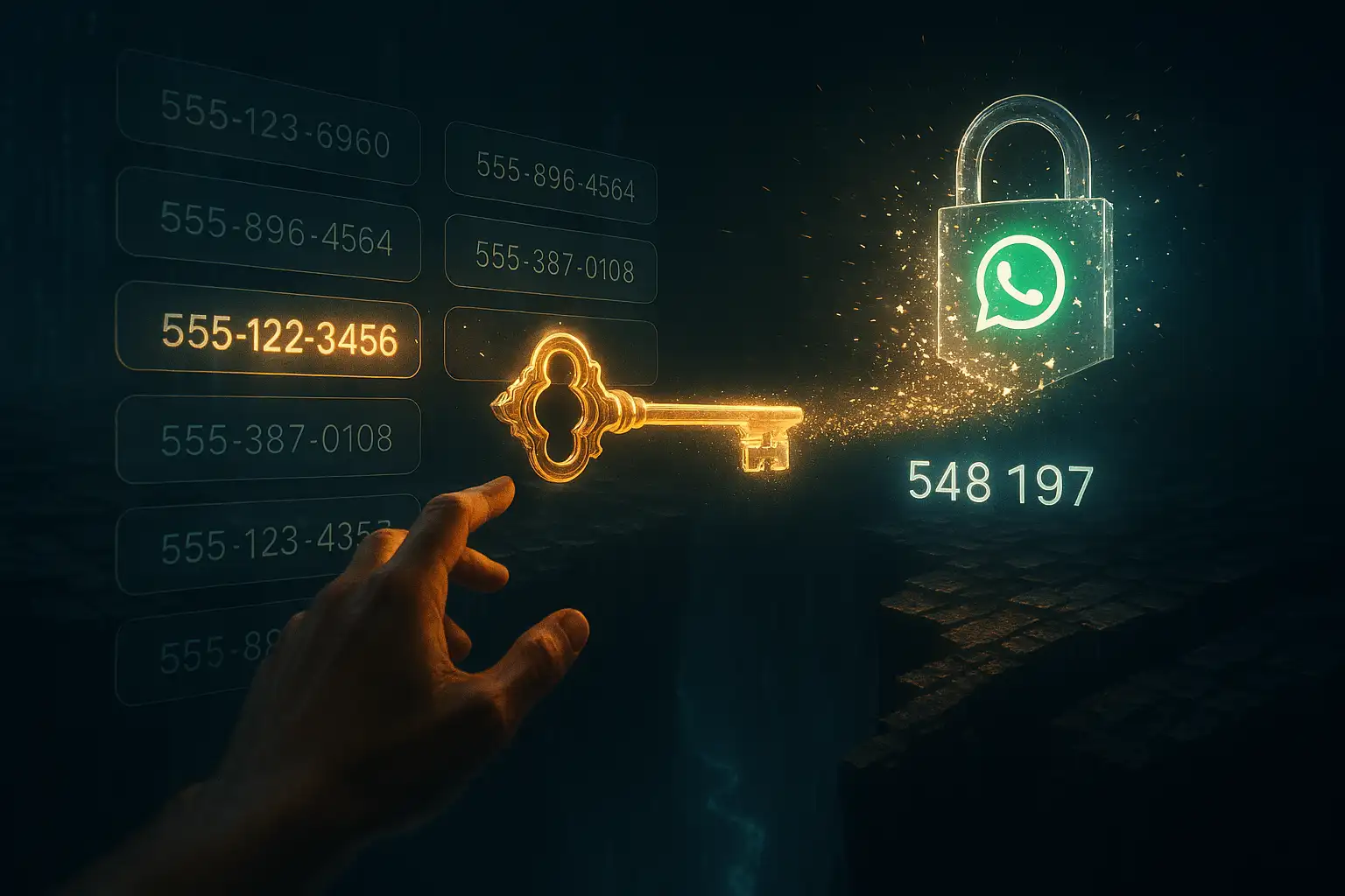صورة توضيحية تظهر يد شخص يختار رقمًا أمريكيًا متوهجًا من واجهة موقع ارقام امريكية افتراضي، حيث يتحول الرقم لمفتاح ذهبي يفتح قفلًا على أيقونة واتساب، ليظهر كود التفعيل.هذه الصورة التوضيحية تجسّد جوهر معاناتك والحل الذي نقدمه لك. تمثل الخيارات الباهتة والخاطئة الوقت الذي تضيعه على أي موقع ارقام امريكية غير فعال. أما المفتاح الذهبي، فهو يرمز إلى الحل الموثوق الذي نقدمه في هذا الدليل، والذي يضمن لك الحصول على كود تفعيل واتساب فورًا وبنجاح، لتفتح الباب أمام تواصلك دون أي عوائق.