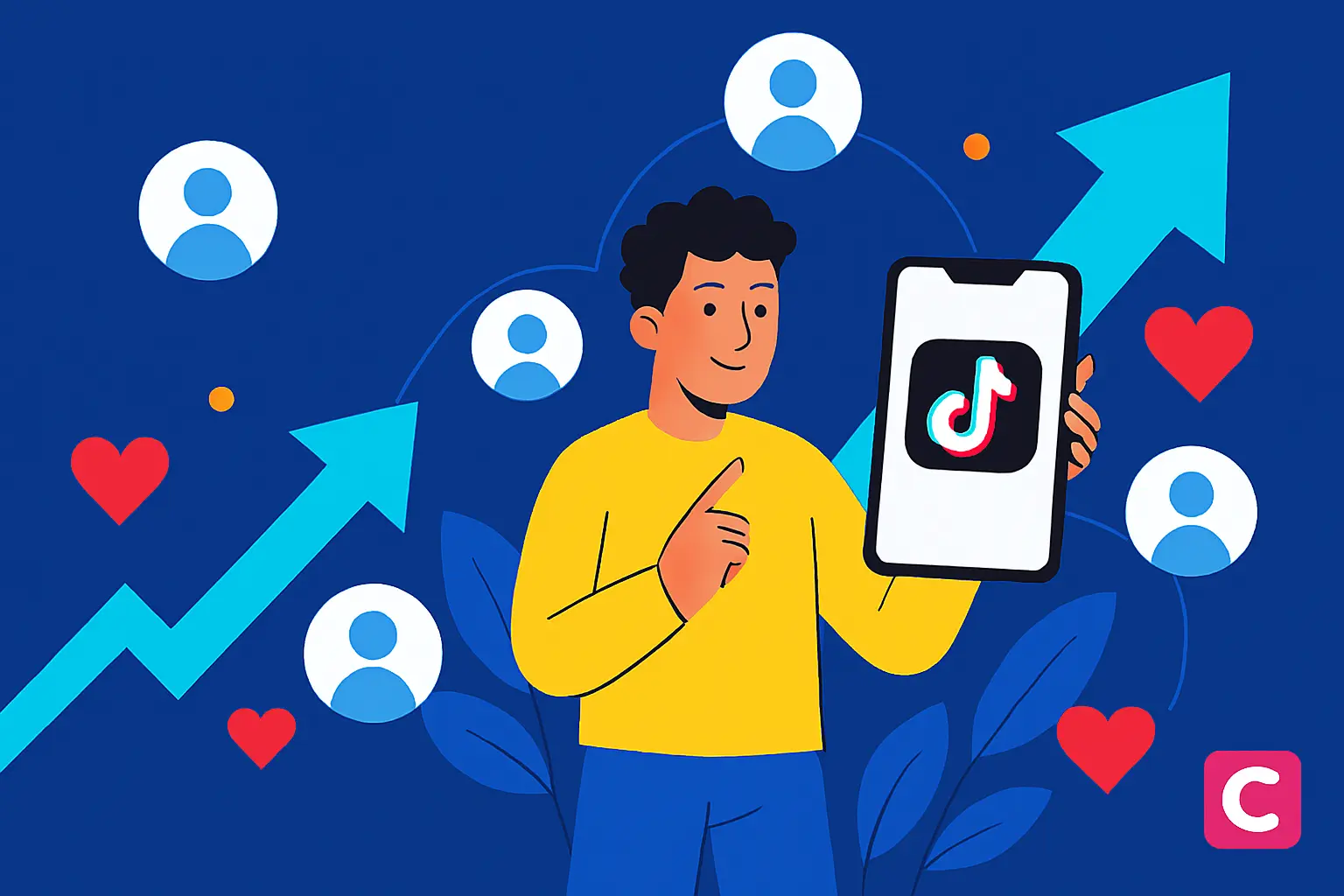 صورة توضيحية حديثة تُظهر شابًا يحمل هاتفًا ذكيًا مع سهم تصاعدي يرمز إلى نمو المتابعين، يتوسطها نص “موقع زيادة متابعين تيك توك” بخط عربي واضح، وأيقونات تفاعلية للمستخدمين والقلوب، في ألوان متباينة (أحمر، أزرق، أصفر)، مع لمسة براند صغيرة في الركن.