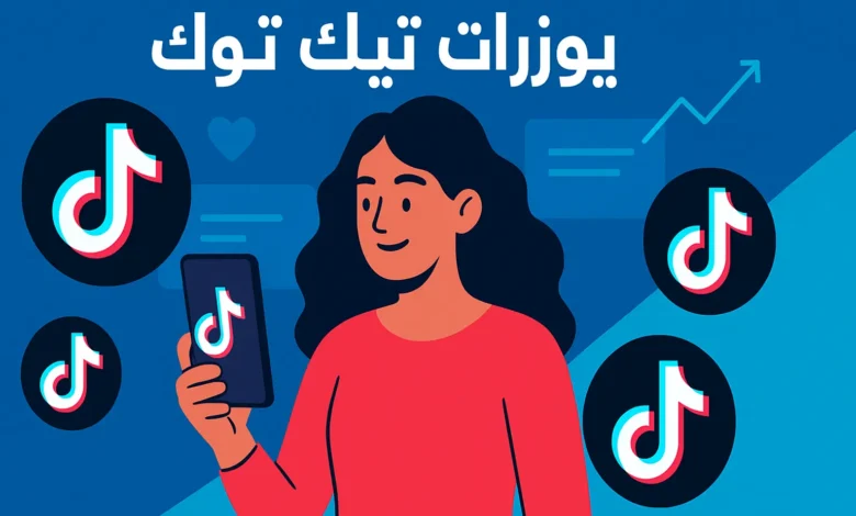 تصميم توضيحي حديث لامرأة تستخدم هاتف ذكي يظهر عليه شعار تيك توك مع عناصر بصرية ديناميكية توضح مفهوم يوزرات تيك توك.