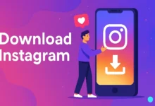 رجل يتفاعل مع هاتف ذكي لعملية download instagram على خلفية تدرج لوني أرجواني وردي بنمط Modern Illustration”