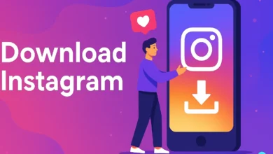رجل يتفاعل مع هاتف ذكي لعملية download instagram على خلفية تدرج لوني أرجواني وردي بنمط Modern Illustration”