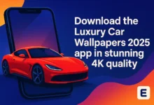 صورة توضيحية عصرية لتطبيق خلفيات سيارات 4K، تُظهر سيارة رياضية فخمة باللون الأحمر تخرج من شاشة هاتف ذكي، بتصميم احترافي وألوان زرقاء وبرتقالية جذابة