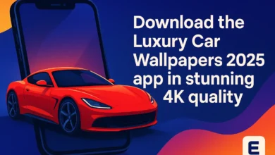 صورة توضيحية عصرية لتطبيق خلفيات سيارات 4K، تُظهر سيارة رياضية فخمة باللون الأحمر تخرج من شاشة هاتف ذكي، بتصميم احترافي وألوان زرقاء وبرتقالية جذابة
