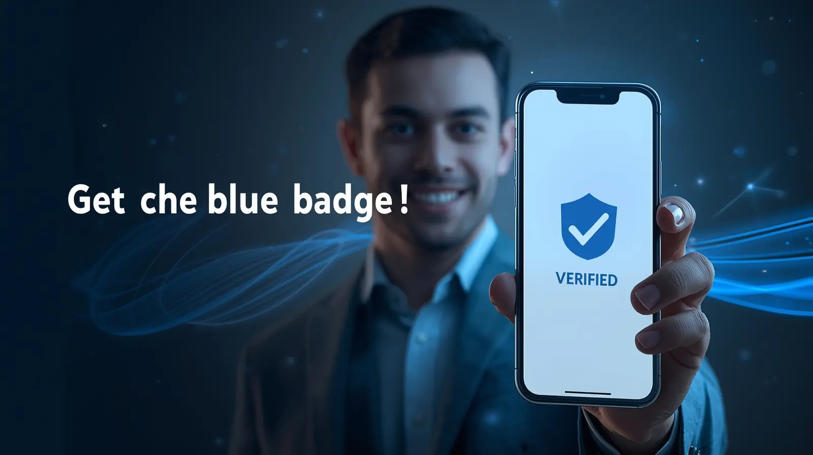 صورة توضيحية لهاتف ذكي يعرض تطبيق فيسبوك أثناء عملية توثيق حساب فيس بوك مع ظهور العلامة الزرقاء بجانب الاسم، ورجل عربي مبتسم في الخلفية يرمز للثقة والمصداقية، مع نص عربي يقول "احصل على العلامة الزرقاء" بتصميم احترافي بدرجات اللون الأزرق.