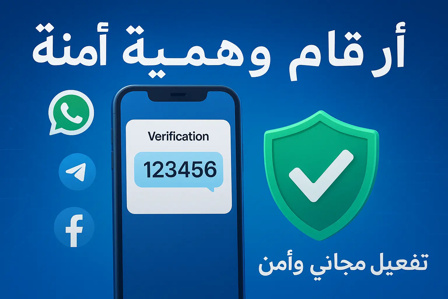 صورة تحتوي على هاتف ذكي يعرض رمز تحقق 123456 بجانبه أيقونة درع أمان خضراء وشعارات واتساب وتيليجرام وفيسبوك، مع نص عربي يقول "أرقام وهمية آمنة – تفعيل مجاني وآمن" على خلفية زرقاء تقنية. مواقع ارقام وهمية