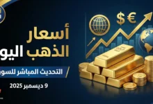 صورة مصغرة حديثة واحترافية لمنصة أخبار عن 'أسعار الذهب اليوم'، تضم سبائك وعملات ذهبية، رسماً بيانياً صاعداً، رموزاً مالية، وتاريخ 9 ديسمبر 2025 مع شعارات 'أخبار اليوم' و 'Google News' بألوان الذهبي والأزرق الداكن.