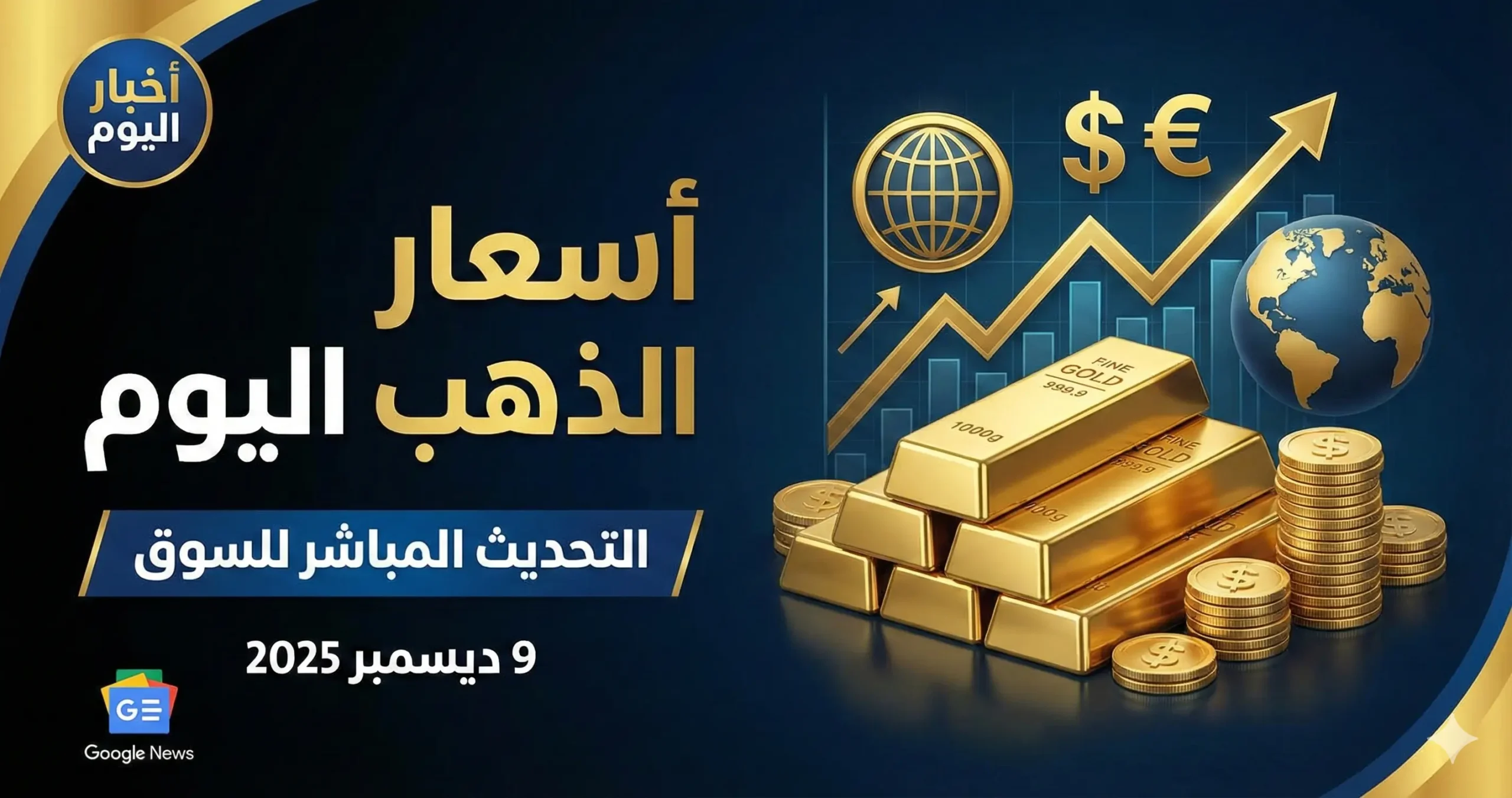 صورة مصغرة حديثة واحترافية لمنصة أخبار عن 'أسعار الذهب اليوم'، تضم سبائك وعملات ذهبية، رسماً بيانياً صاعداً، رموزاً مالية، وتاريخ 9 ديسمبر 2025 مع شعارات 'أخبار اليوم' و 'Google News' بألوان الذهبي والأزرق الداكن.