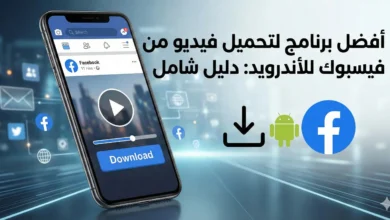 صورة ترويجية لمقال بعنوان "أفضل برنامج تحميل فيديو من فيسبوك للأندرويد: دليل شامل"، تُظهر هاتفاً ذكياً يعرض تطبيق فيسبوك مع زر "Download" وأيقونات تدل على تحميل فيديو من فيسبوك لنظام أندرويد.