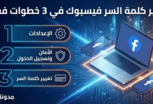 رسم إنفوجرافيك يوضح تغير كلمة السر فيسبوك في 3 خطوات: الإعدادات والأمان وتسجيل الدخول وكلمة السر الجديدة