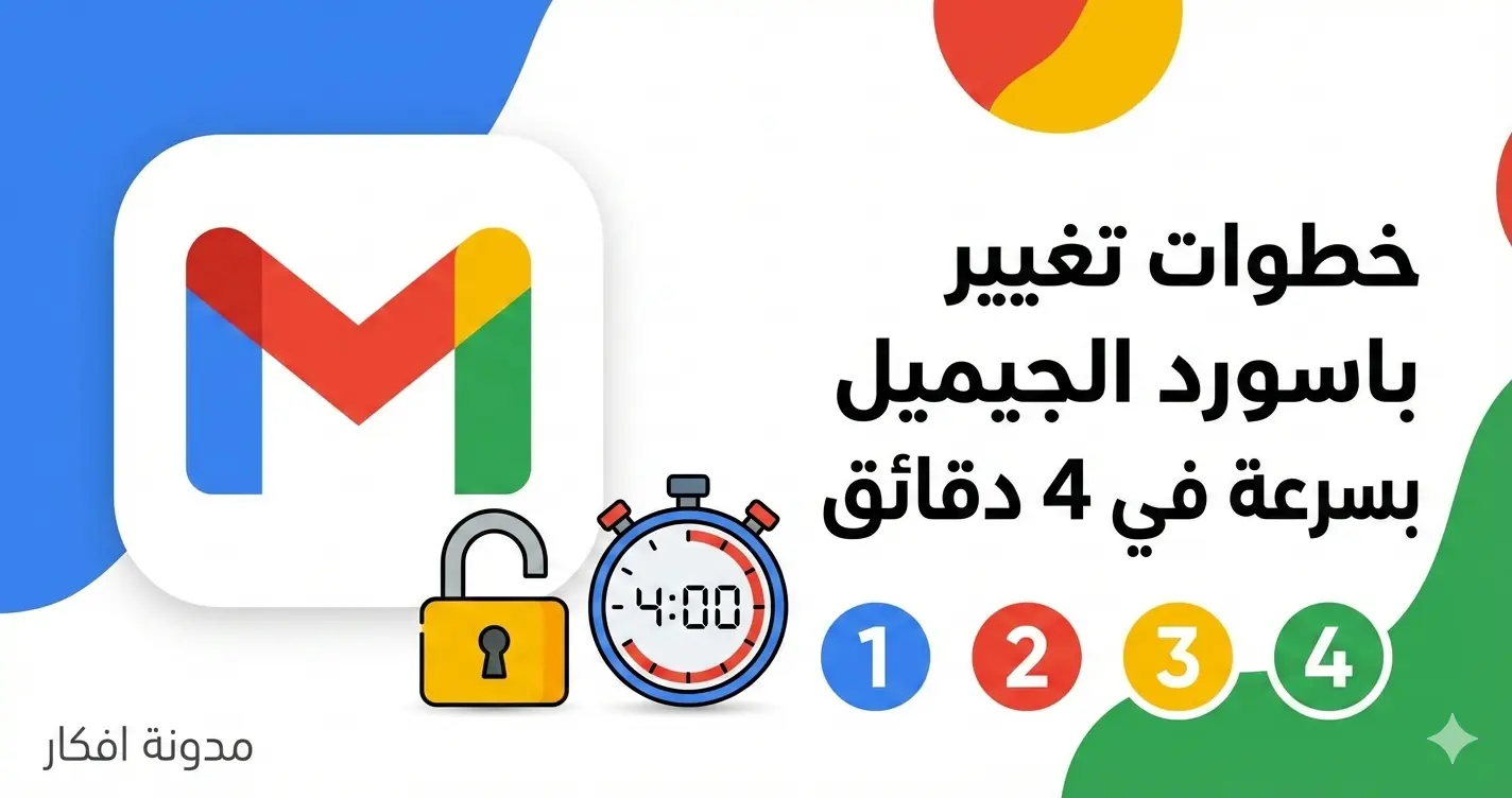 صورة مصغرة توضح خطوات تغيير باسورد الجيميل بسرعة في 4 دقائق مع شعار Gmail ورمز الحماية