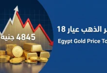 صورة مصغرة حديثة واحترافية لمقال عن سعر الذهب اليوم عيار 18 في مصر اليوم. تظهر خلفية زرقاء داكنة مع رسم بياني بارز يوضح تقلبات الأسعار بين الصعود والهبوط، مع خط أحمر هابط يشير لانخفاض القيمة. في المقدمة، كومة من العملات والسبائك الذهبية اللامعة بجوار الرقم "4845 جنيه" بخط أبيض واضح. في الجانب العلوي الأيسر، نص بسيط يقول "سعر الذهب عيار 18" وتحته مباشرة الترجمة الإنجليزية "Egypt Gold Price Today". التصميم احترافي ومناسب لمنصات الأخبار مثل جوجل نيوز، بأبعاد 1200×630 بكسل.
